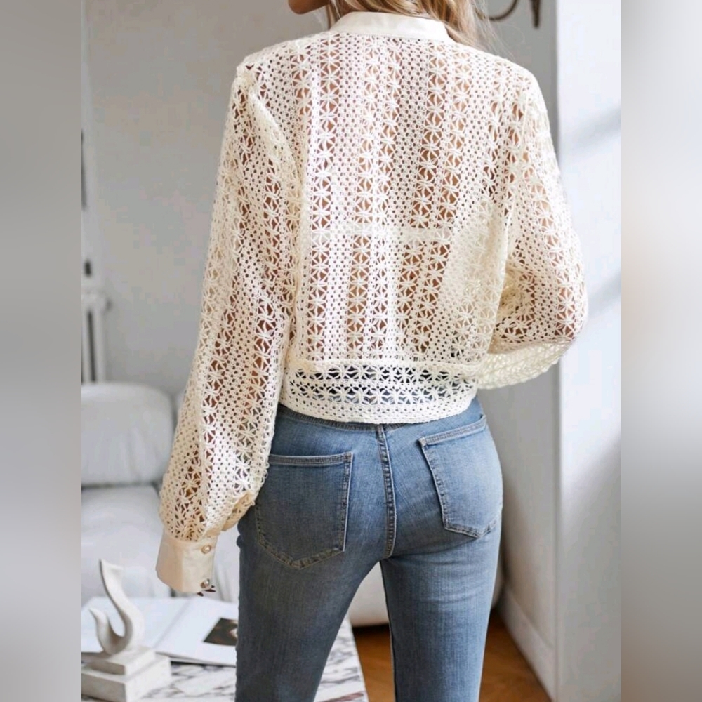 New Boho Sheer Lace Button Crop Top Cream Ivory Off White - Picture 3 of 8